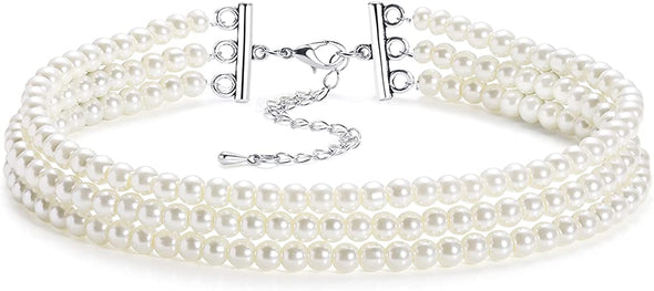Round Imitation Pearl Choker Necklace Multi Strands Choker 20s Flapper Necklace Accessories for Gatsby Themed Party