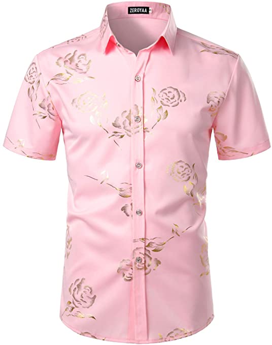 Mens Hipster Gold Rose Printed Slim Fit Short Sleeve Button Down Dress Shirts