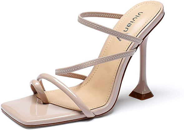 Women Square Toe Mules Sandals Toe Ring Stiletto Heels Dress Heels Slip on Slipper Party Shoes