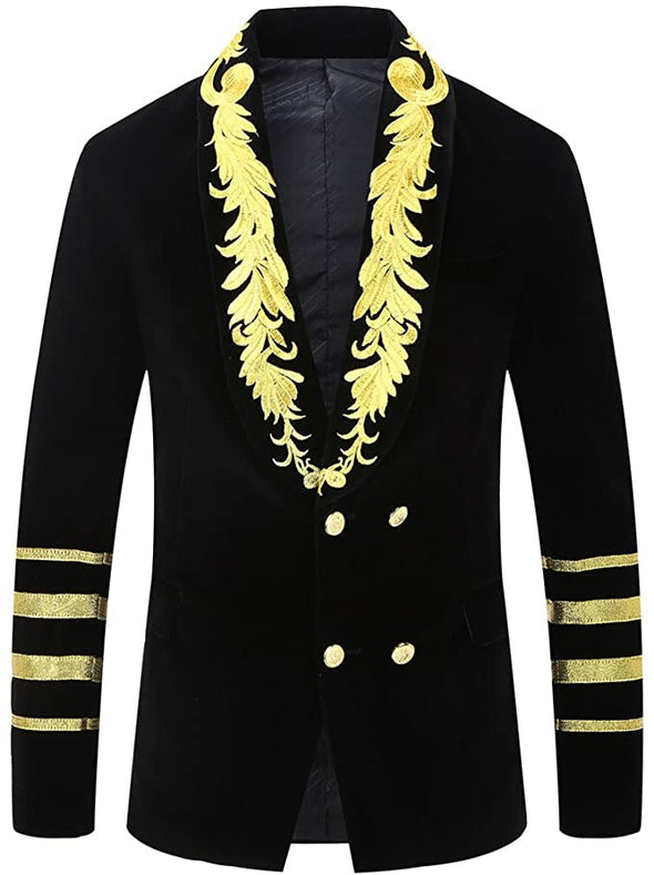 Mens Military Style Embroidery Velvet Blazer Suit Jacket