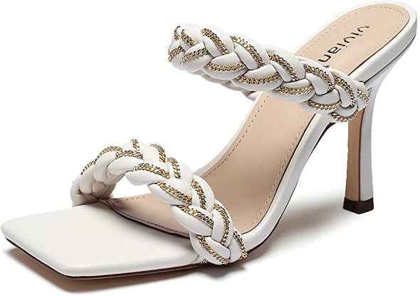 Women Sexy Open Toe Woven Stiletto Heel Sandals Slip on Mules Slippers