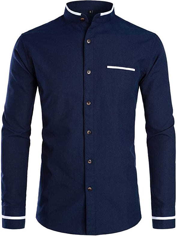 Mens Hipster Mandarin Collar Slim Fit Long Sleeve Casual Button Down Oxford Dress Shirt with Pocket