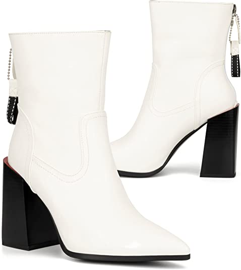 Women’s Bella Fashion Supple faux leather, Zipper Ankle Boots, stacked heel pointed-Toe, Rubber Outsole