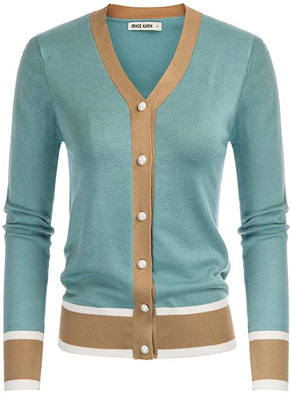 Women's Long Sleeve Button Down Sweater Classic V-Neck Knit Cardigan