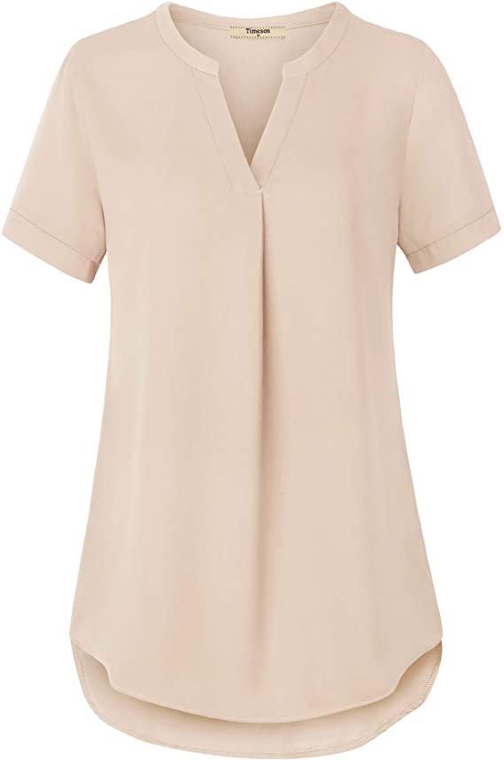 Women's V Neck Short Sleeve Curved Hem Sheer Chiffon Blouse Shirts Tops