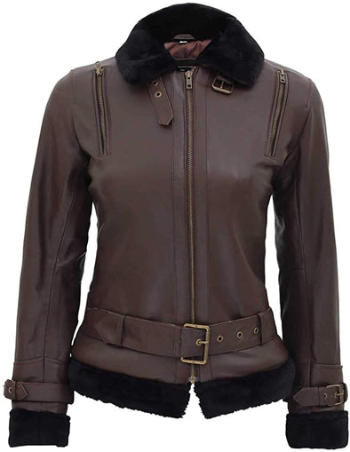 Womens Shearling Bomber Jacket - 100% Real Leather Winter Jackets for Women