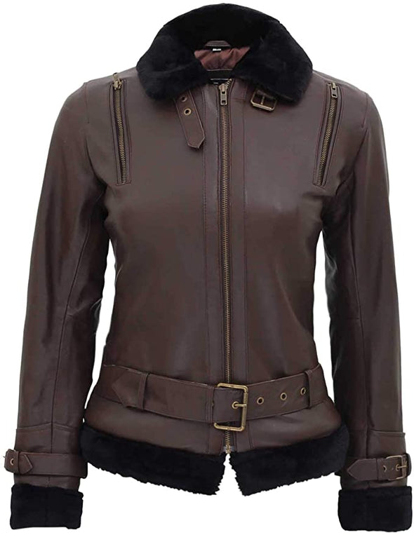 Womens Shearling Bomber Jacket - 100% Real Leather Winter Jackets for Women