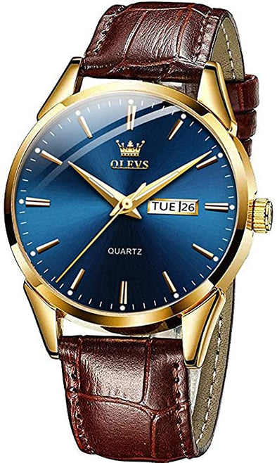 Men Women Watches Brown Leather-OLEVS Classic Analog Quartz Watch Week Date Casual Luminous Black/Blue/White Dial 3ATM Waterproof Wrist Watch Lovers