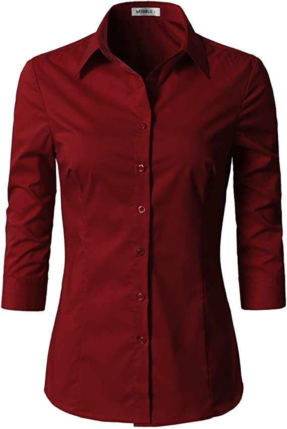Womens Basic Slim Fit Simple 3/4 Sleeve Button Down Shirt with Plus Size