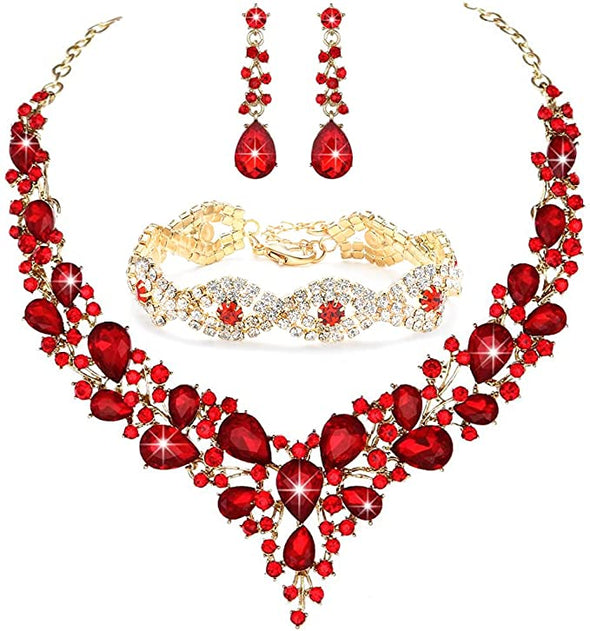 Women's Jewelry Set Rhinestone Crystal Bride Statement Choker Necklace Tiara Crown Link Bangle Bracelet Teardrop Dangle Earrings Set for Wedding Party