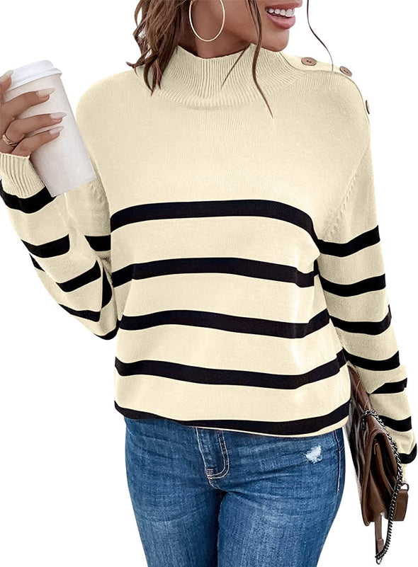 Women Winter Turtle Necks Striped Knit Sweater Long Sleeve Pullover Casual Color Block Tops 2022