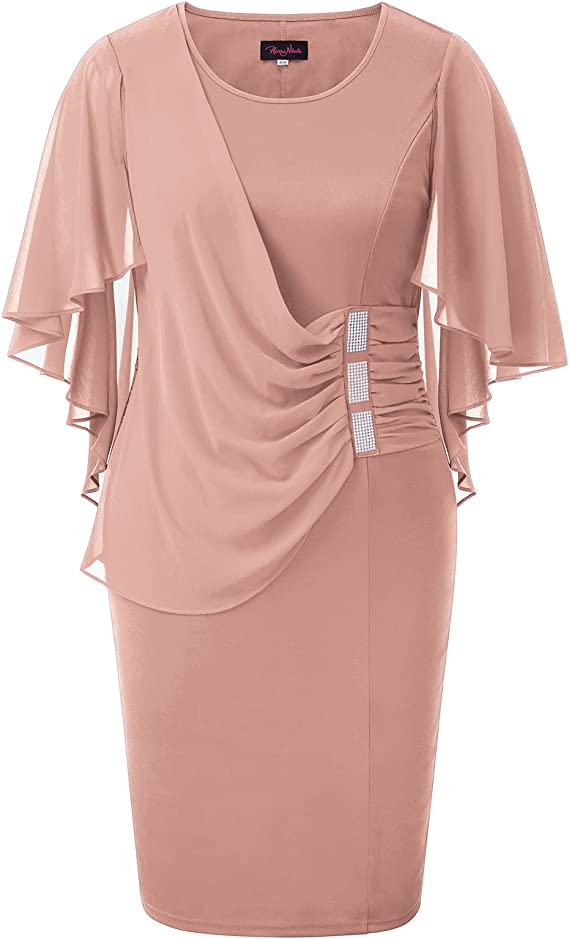 Women's Plus Size Chiffon Ruffle Flattering Cape Sleeve Bodycon Pencil Dress
