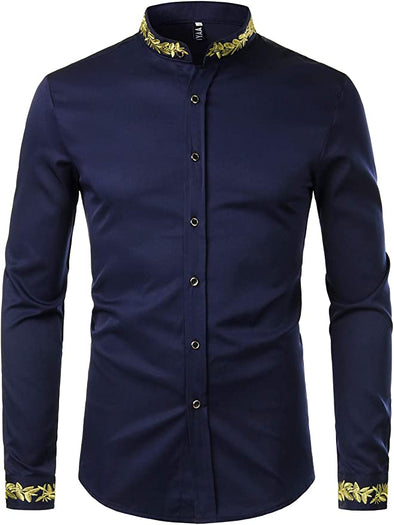 Men's Luxury Gold Embroidery Design Slim Fit Long Sleeve Button Up Dress Shirts