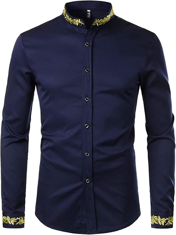 Men's Luxury Gold Embroidery Design Slim Fit Long Sleeve Button Up Dress Shirts