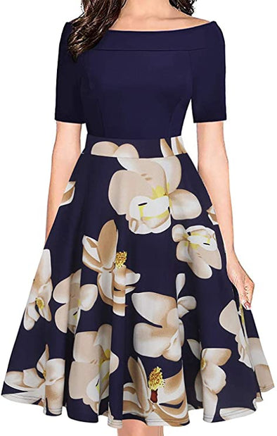 Women's Vintage Off Shoulder Pockets Casual Floral A-Line Party Cocktail Swing Dress