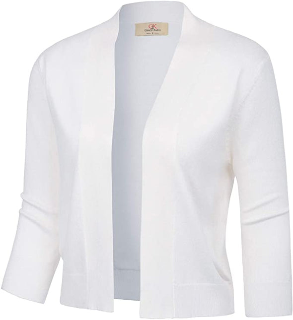 Women's 3/4 Sleeve Knit Cropped Cardigan Sweaters Open Front Bolero Shrugs Coat Tops S-3XL
