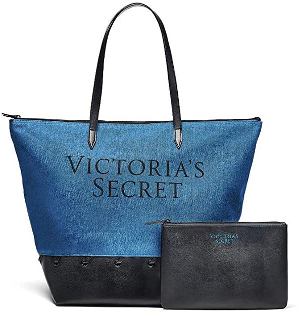 VICTORIA SECRET CARRY ALL TRAVEL TOTE BAG AND POUCH DENIM.