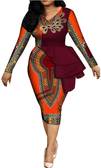 Women's Long Sleeve African Dashiki Print Bodycon Dress Ruffle Details