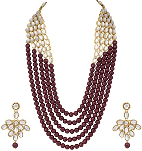 Elegant Indian Ethnic Traditional Layered Beaded Long Kundan Necklace Earring Set Bollywood Wedding Party Jewelry for Women