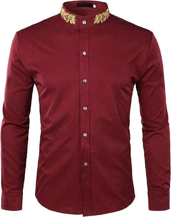 Mens Hipster Gold Embroidery Mandarin Collar Slim Fit Long Sleeve Casual Dress Shirts