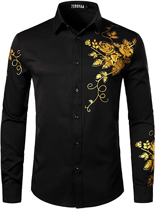Mens Hipster Gold Rose Printed Slim Fit Long Sleeve Dress Shirts/Prom Performing Shirts