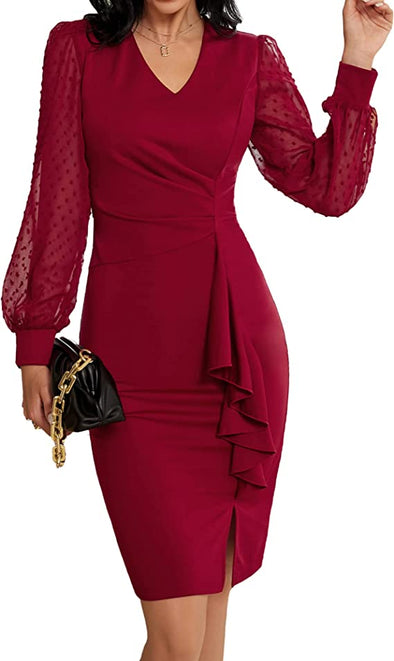 Cocktail Dresses Elegant V Neck Long Sleeve Peplum Evening Dress