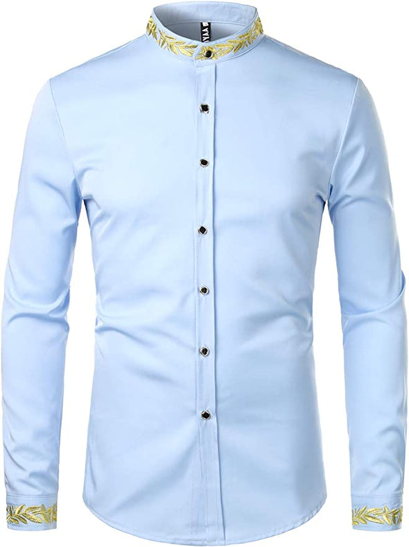 Men's Luxury Gold Embroidery Design Slim Fit Long Sleeve Button Up Dress Shirts