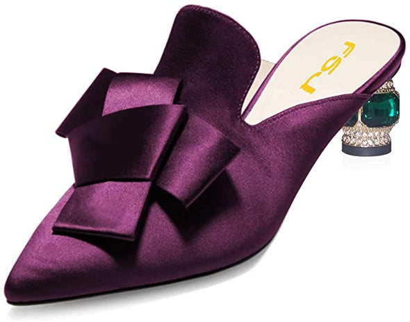 Women Retro Crystal Rhinestone Heeled Mules Pointed Toe Bows Slide Sandals Backless Emerald Bridal Wedding Dress Shoes Size 4-15 US