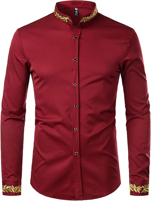 Men's Luxury Gold Embroidery Design Slim Fit Long Sleeve Button Up Dress Shirts