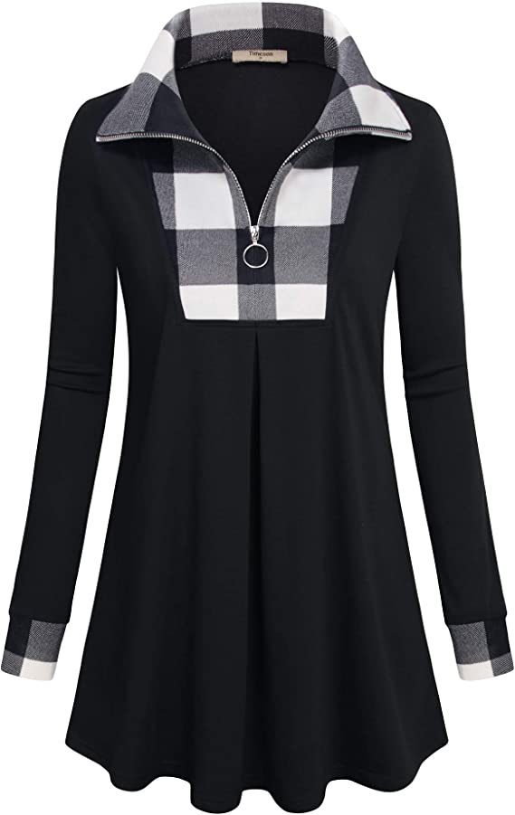 Women's Long Sleeve Quarter-Zip Lapel Tunic Top Plaid Pullover Sweatshirt