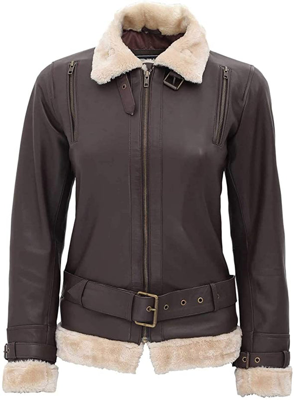 Womens Shearling Bomber Jacket - 100% Real Leather Winter Jackets for Women