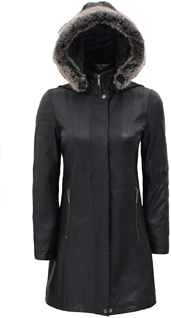 Winter Coats For Women - Real Lamsbkin Hooded Leather Jacket Fur Coat