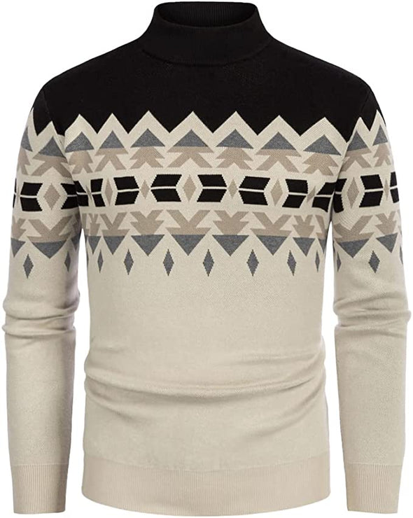 Men's Vintage Contrast Turtleneck Pullovers Sweater Fair Isle Print Knitwear