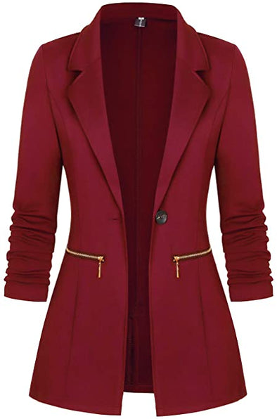 Women's Long Sleeve Blazer Open Front Cardigan Jacket Work Office Blazer with Zipper Pockets