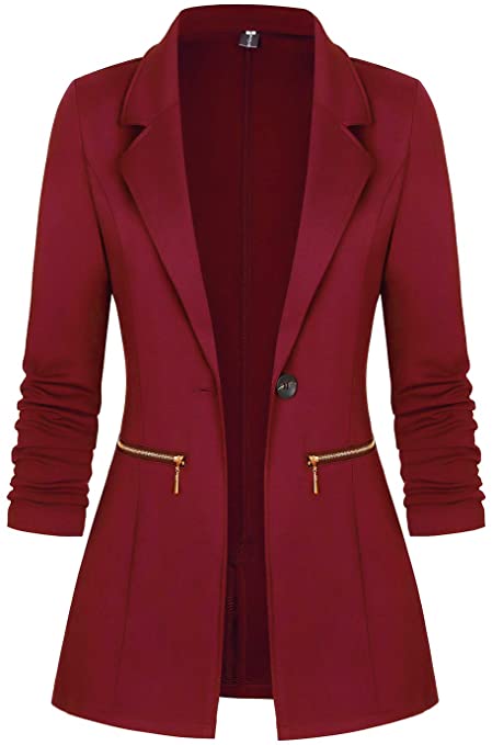 Women's Long Sleeve Blazer Open Front Cardigan Jacket Work Office Blazer with Zipper Pockets