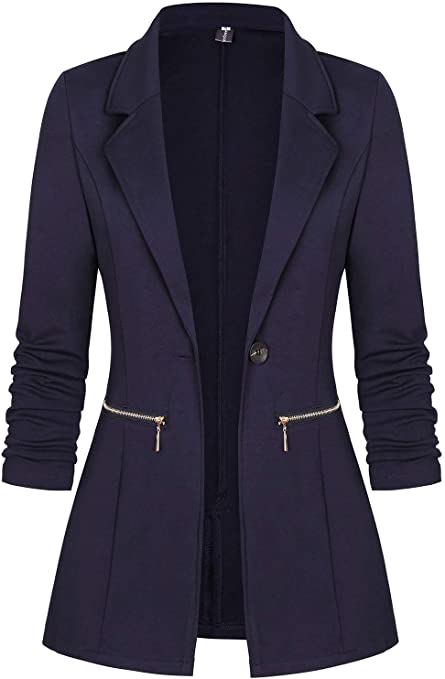 Women's Long Sleeve Blazer Open Front Cardigan Jacket Work Office Blazer with Zipper Pockets