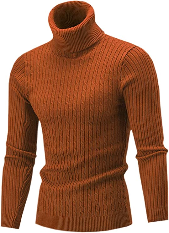 Men's Casual Slim Fit Turtleneck Pullover Sweaters with Twist Patterned & Long Sleeve T-Shirt