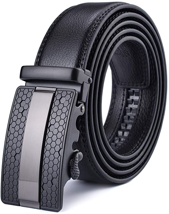Men's Ratchet Belt with Genuine Leather, Slide Belt for men 1 3/8 inches Wide