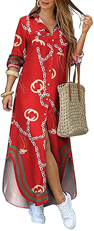 EXCLUSIVE-Women's Casual Print Button Front Maxi Shirt Dress