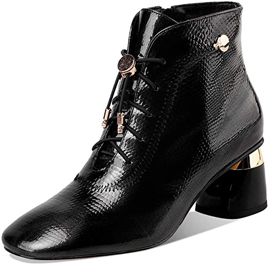 Women's Handmade Patent Leather Round Toe Mid Chunky Heel Side Zip Up Ankle Booties with Adjustable Band