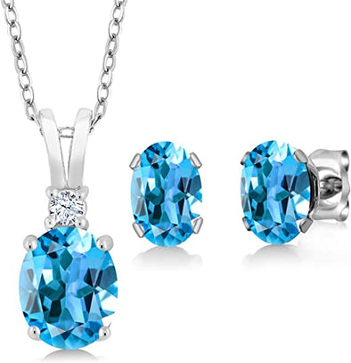 Gem Stone King Sterling Silver Swiss Blue Topaz Pendant Earrings Set (3.15 cttw, With 18 Inch Silver Chain)