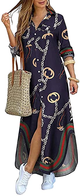 EXCLUSIVE-Women's Casual Print Button Front Maxi Shirt Dress