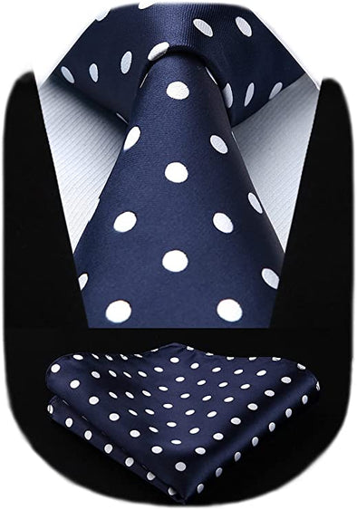 Extra Long Polka Dots Stripe Tie Handkerchief Men's Necktie & Pocket Square Set