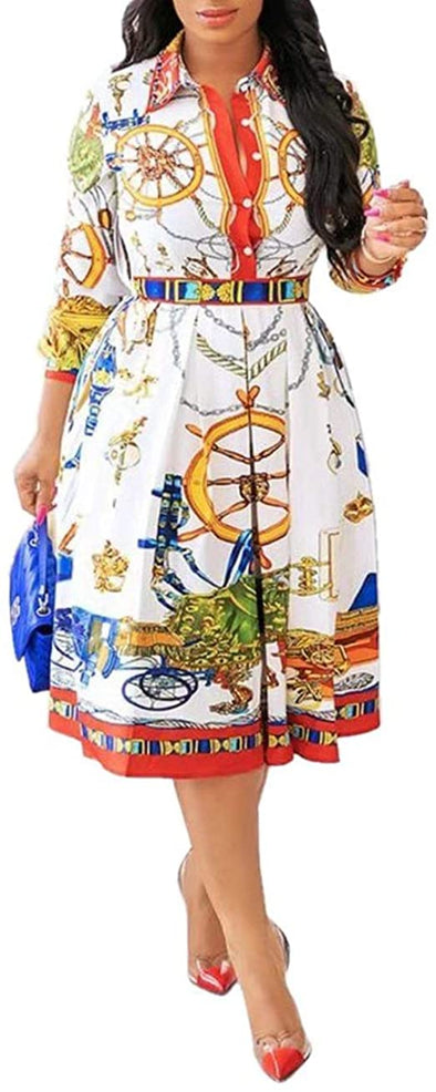 Three-Quarter Sleeve Print Lapel Pullover Women's Day Dress A-Line Pleated Dress Midi Dress