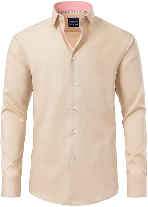 Men's Long Sleeve Slim Fit Casual Shirts Contrast Collar and Convertible Cuffs Dress Shirt