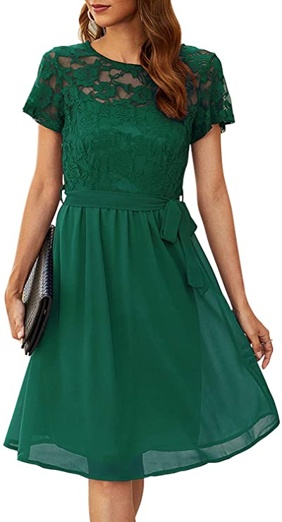 Women's Scooped Neckline Floral lace Top Cocktail Party Midi Dress