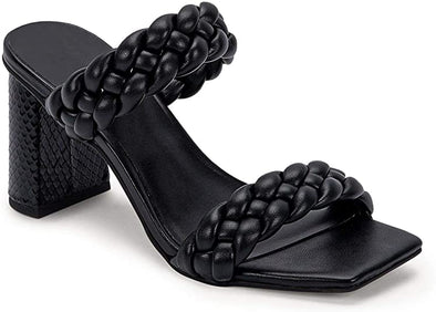 Womens Braided Heeled Sandals Backless Square Open Toe Block Strappy Slip On Slide Shoes