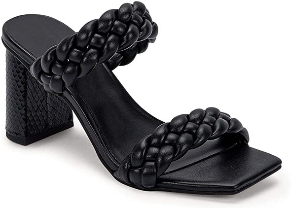 Womens Braided Heeled Sandals Backless Square Open Toe Block Strappy Slip On Slide Shoes