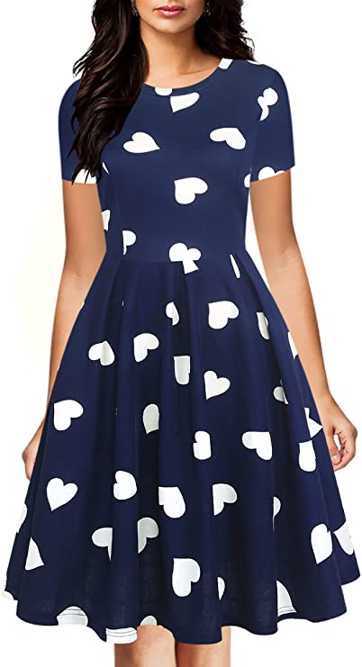 Women's Vintage Half Sleeve O-Neck Contrast Casual Pockets Party Swing Dress