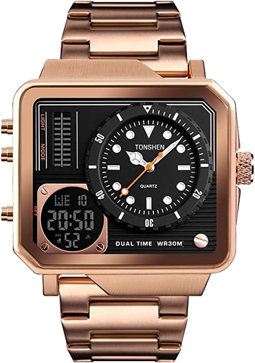 Mens Luxury Fashion Stainless Steel Digital Watches Multifunction Outdoor Military Analog Quartz LED Dual Time Sports Watch Stopwatch Alarm Back Light Rectangular Dial